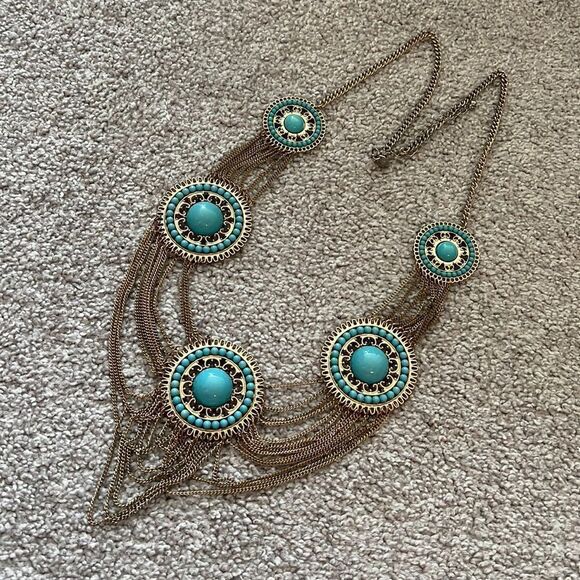 Charming Charlie gold and turquoise statement necklace - Picture 1 of 3